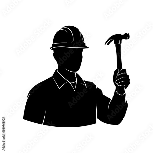 Builder Holding Hammer Black Solid Vector Silhouette