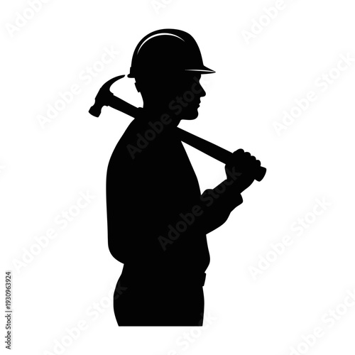 Construction Worker with Safety Helmet Black Vector Silhouette