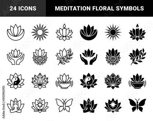 Zen lotus hybrid icons merging floral silhouettes with meditation symbols like yin yang candle butterfly and human figure for wellness branding