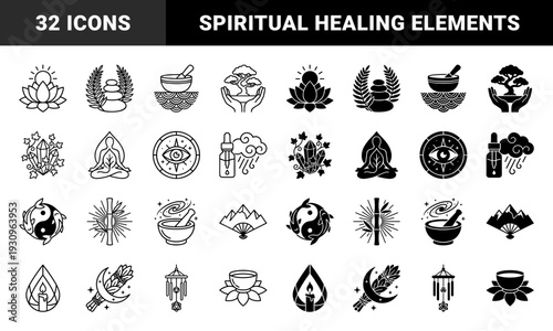 Zen Spiritual Wellness Hybrid Symbols Combining Lotus Sun Bonsai Crystal and Celestial Elements in Minimalist Dual Outline and Solid Graphic Style
