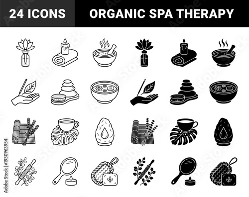 Wellness and holistic spa therapy elements featuring hybrid organic symbols like lotus dropper bottles incense leaves and zen stones in line and solid styles