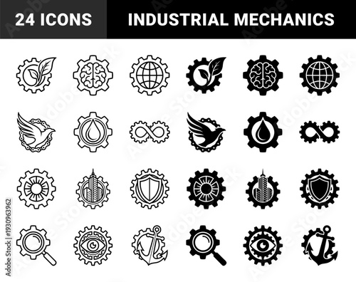 Hybrid industrial gear symbols merging mechanical cogwheels with organic leaves human brain global globe water drop and urban architecture silhouettes
