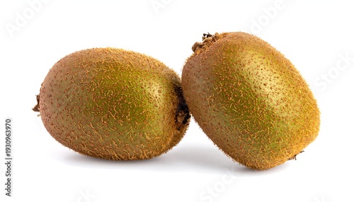 Two ripe kiwis on a white background, ready to eat.