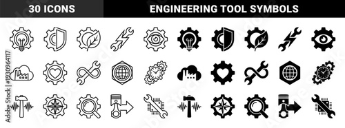 Mechanical Engineering and Industrial Development Symbols Featuring Hybrid Cogwheel Combinations with Energy Lightbulb Shield Nature Leaf and Precision Tools