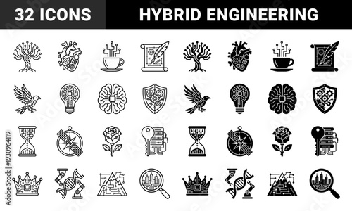 Hybrid conceptual design combining organic nature and mechanical engineering with circuit patterns and gear integration in both outline and solid versions