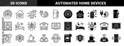 Smart home automation line and solid icons featuring hybrid IoT devices for climate control security appliance monitoring and energy management