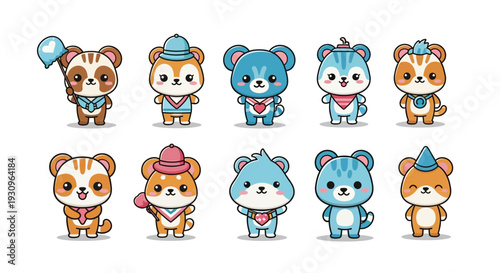 A cute vector illustration set of funny cartoon zoo animals and pets featuring a baby cat, dog, rabbit, bear, and pig character icons designed for kids and children