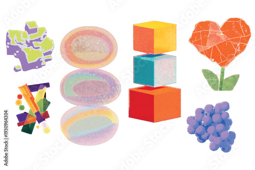 A bunch of different shapes and colors are shown on a white background. There are three different shapes: a square, a circle, and a triangle