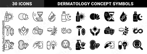 Dermatology and skincare icons featuring hybrid conceptual symbols of dna helix water drops hourglass faces and organic botanical elements