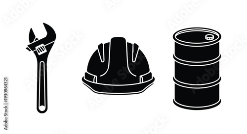 Black and white illustration of a wrench, hard hat, and oil barrel on a plain white background.