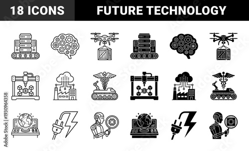Hybrid technology and industrial automation icons featuring smart manufacturing cloud servers blockchain mining and robotic medical delivery in outline and solid styles