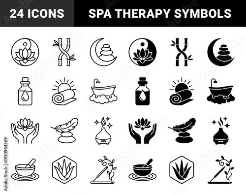 Wellness and holistic therapy icons featuring hybrid designs like yin yang lotus bamboo stalks moon pebbles and essential oil diffusers