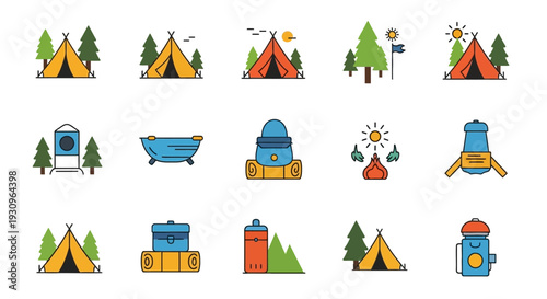 A comprehensive set of camping icons featuring vector illustrations of summer travel symbols like a compass, camp tree, and vacation signs for holiday design