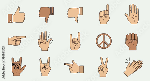 A diverse set of hand gesture icons featuring human fingers and palms in a vector cartoon design for business communication concepts