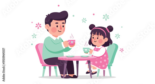 A cheerful man and a little girl sitting at a small pink table, enjoying tea together with colorful flowers around them on a white background.