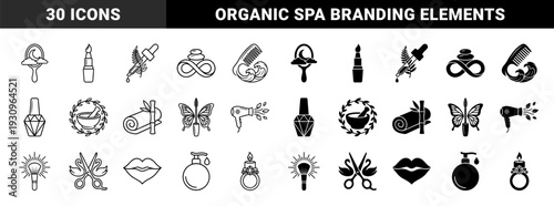 Minimalist beauty and wellness hybrid symbols merging cosmetics with nature elements including butterfly mascara and swan scissors in dual outline and solid styles