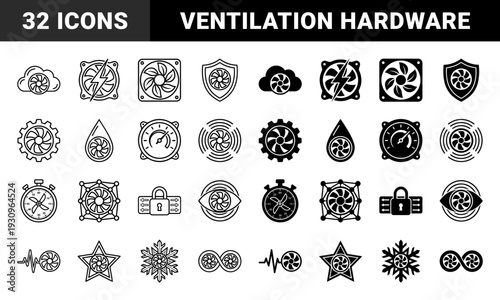 Cooling system and ventilation hybrid icons combining fan blades with cloud power gear water droplet stopwatch shield and snowflake symbols
