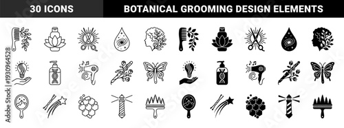A unique set of hybrid hair care and beauty symbols combining salon tools with natural elements like leaves flowers and celestial shapes in outline and solid styles