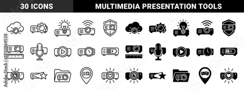 Multimedia Projector Symbols Merged with Business and Utility Metaphors Featuring Dual Outline and Solid Hybrid Design Styles