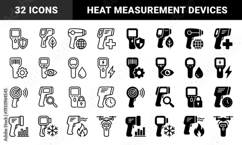 Handheld Thermal Imaging Camera and Infrared Thermometer Hybrid Icons with Measurement Sensors for Industrial Temperature Monitoring and Diagnostic Audits