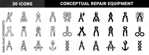 Hybrid tool concept showing pliers merged with lightning bolt gear bulb wrench key infinity symbol and dna strand in linear and solid style