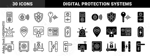 Black and white smart home security symbols featuring hybrid concepts of digital locks fingerprint scanners surveillance cameras and alarm systems