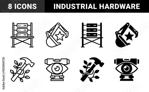 Construction and Industrial Tool Symbols Merging Physical Equipment with Surveillance and Natural Growth Elements in Outline and Solid Styles