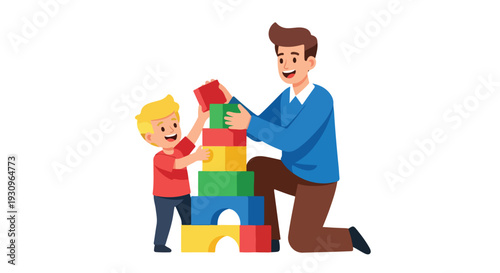 A man and a young boy building a colorful tower with blocks on a clean white background with a playful mood.