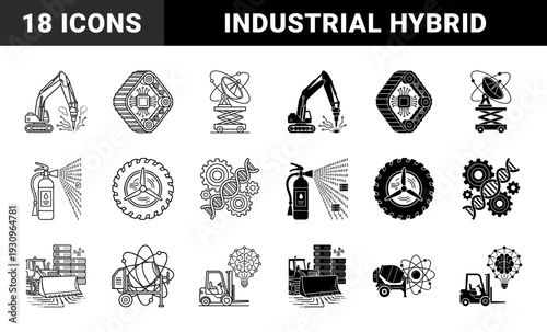 Industrial hybrid construction machinery and emerging technology symbols merging heavy equipment with digital data networks and scientific discovery