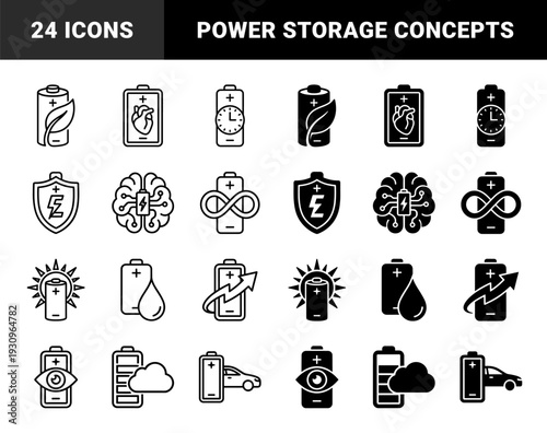 Hybrid energy battery icons merging power storage symbols with nature health intelligence and transportation concepts in outline and solid styles