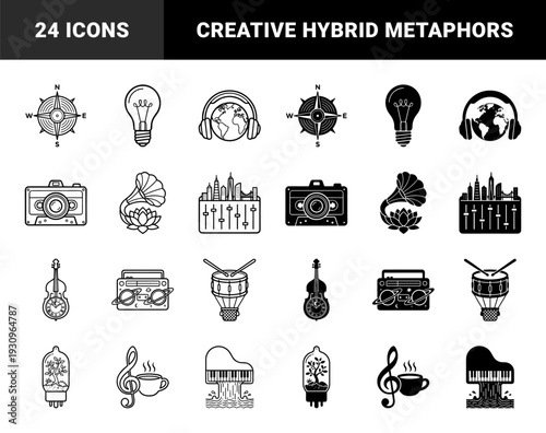 Creative hybrid surrealist symbols merging musical instruments with nature and technology features in dual outline and solid silhouette styles