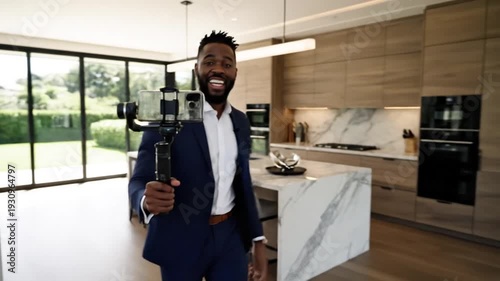Wallpaper Mural Smiling man filming luxury home tour with smartphone gimbal Torontodigital.ca