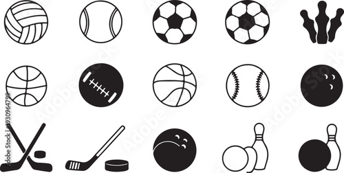 Collection of various sports balls and equipment icons in black and white
