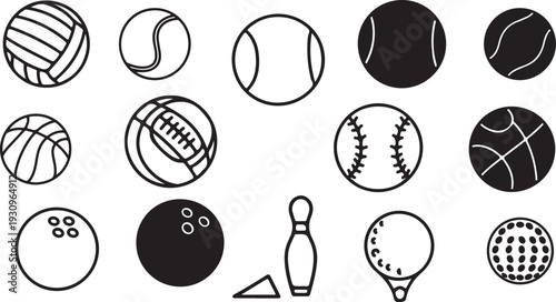 Collection of various sports balls and pin illustrations