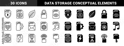 Memory card hybrid icons featuring digital storage combined with brain security heart nature and communication symbols in outline and solid styles