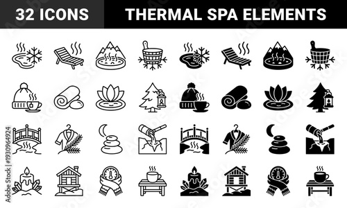 Hybrid winter spa and thermal wellness symbols combining hot springs with snowflakes evergreen trees and mountain sauna cabin elements in dual style
