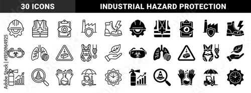 Industrial Safety and Occupational Health Hybrid Icons Combining Protective Gear with Hazard Symbols Risk Management and Compliance Graphics