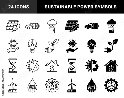 Sustainable energy hybrid icons merging solar panels with leaves electric vehicles with batteries and wind turbines inside lightbulbs for eco innovation