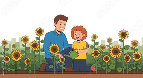 Illustration of a smiling man and a child kneeling in a vibrant sunflower field with bright yellow petals and green leaves on a sunny day.