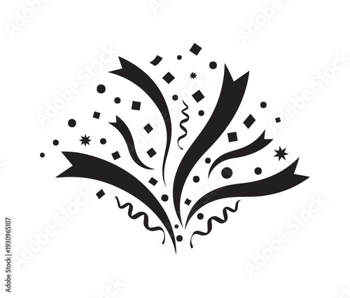 Dynamic black ribbon explosion with confetti and streamers isolated on white background for festive celebration design