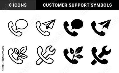 Handset communication symbol combined with heart leaf wrench and paper plane representing diverse customer support and relationship management services