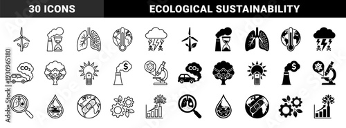 Monochrome Environmental Sustainability Icons Merging Nature with Industrial Concepts and Climate Change Awareness for Global Ecological Health Analysis