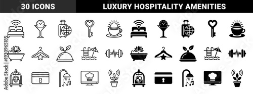 Hybrid hospitality and luxury hotel service icons featuring integrated concepts like wifi bed heart key sunrise coffee and wellness symbols