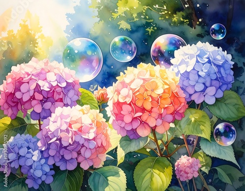 Watercolor Hydrangeas and Bubbles in a Sunny Garden.