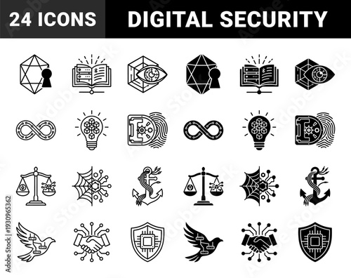 Cryptocurrency and Blockchain Security Concept Symbols Featuring Hybrid Designs of Digital Assets Integrated with Physical Security and Network Connectivity Elements
