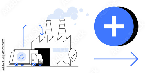 Recycling process. Recycling promotes sustainability in industry, reducing waste and encouraging eco-friendly practices. Recycling ensures efficient waste management and resource optimization