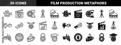 Black and white hybrid symbols merging cinematography and film production with diverse concepts like nature music education technology and global communication