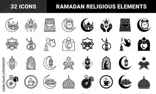 Islamic Religious Iconography Featuring Hybrid Symbolic Combinations of Moon Crescents with Mosque Architecture Lanterns Prayer Beads and Quran Elements