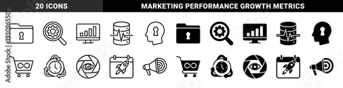 Hybrid business data and marketing symbols featuring secure folder storage analytics monitor database pulse and time management concepts in dual styles