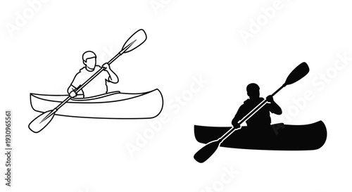 Two kayakers in canoes depicted in a striking black silhouette